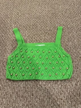 Zara Green Knit Pearl Beaded Crop Tank